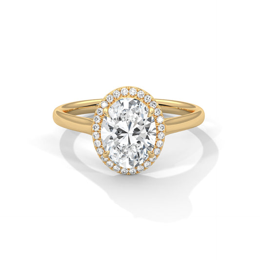 Oval Moissanite Halo Engagement Ring in Yellow Gold – Diamond Accent