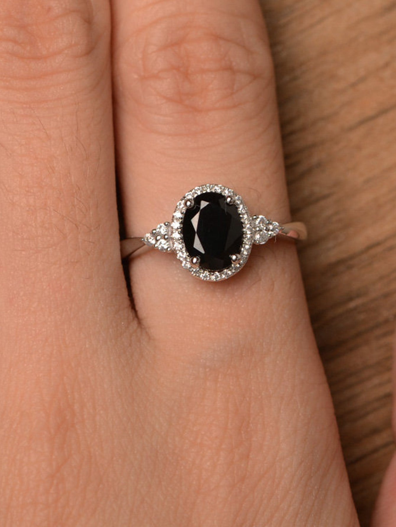 Black Oval Cut 3.0 Ct Halo Ring for Women | Three Stone Solitaire Ring in Sterling Silver & Solid Gold