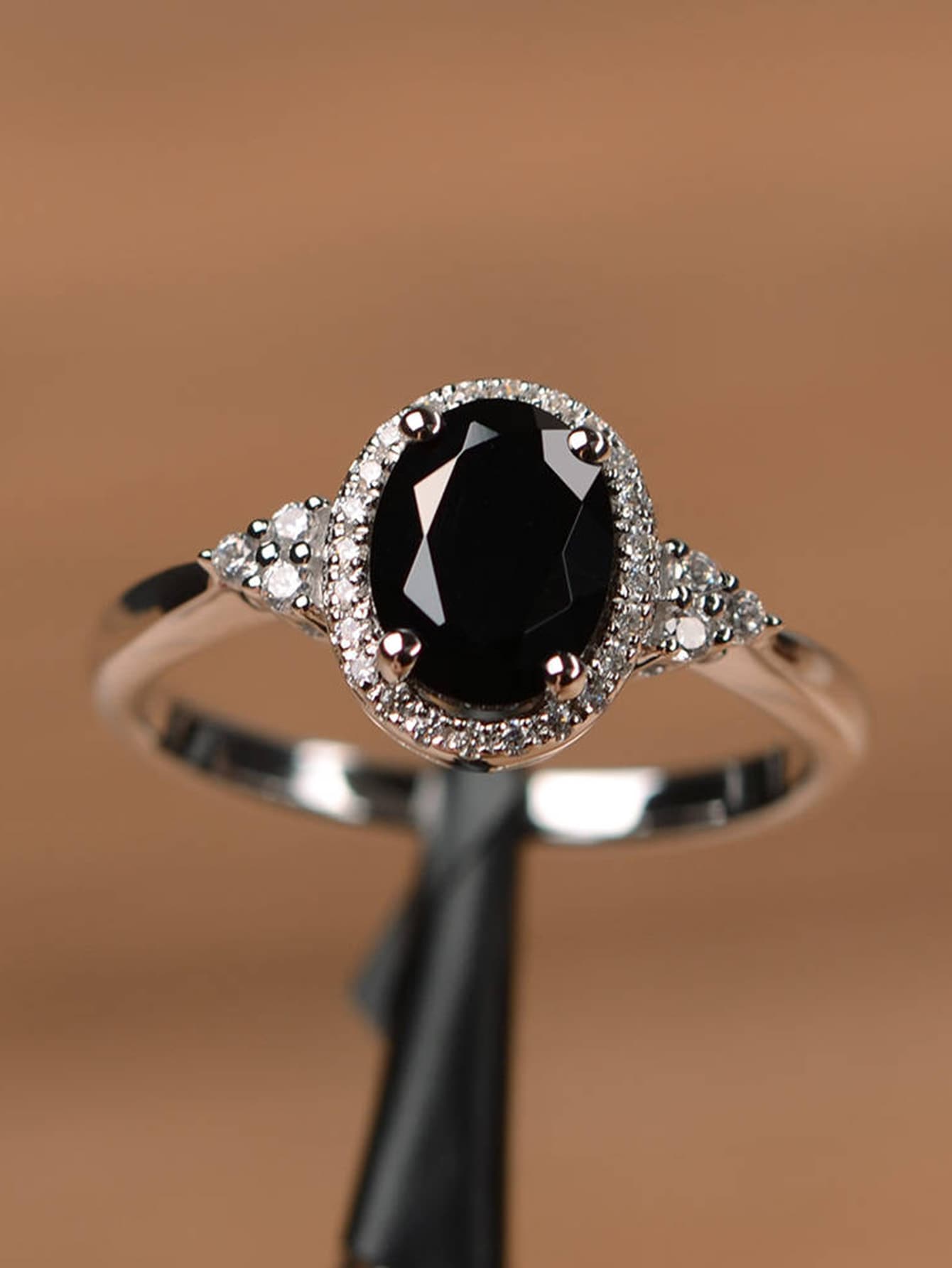 Black Oval Cut 3.0 Ct Halo Ring for Women | Three Stone Solitaire Ring in Sterling Silver & Solid Gold