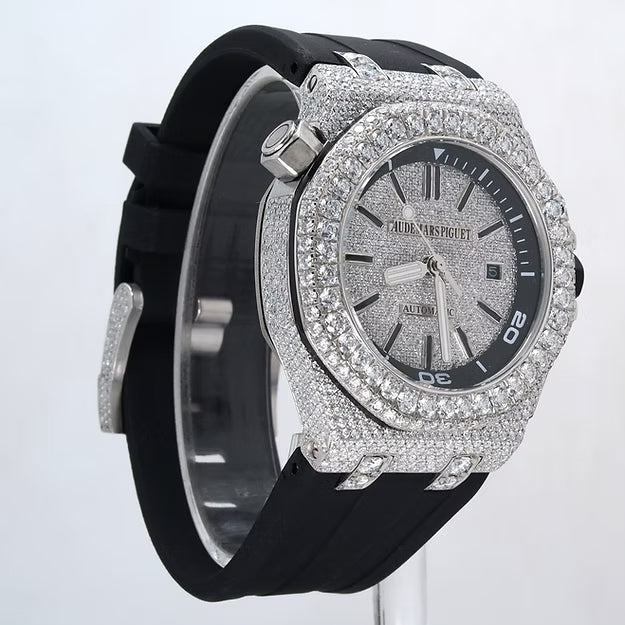 Luxury Black Rubber Strap Watch – Iced Out VVS Moissanite Diamond Automatic Mechanical Outdoor Timepiece for Men