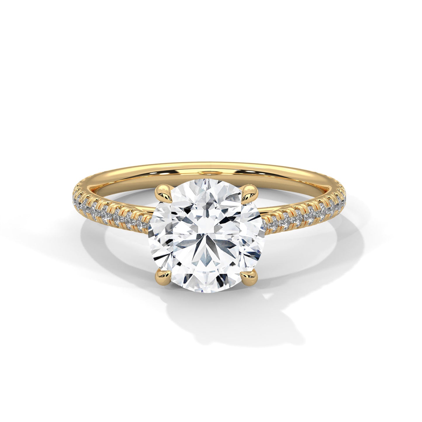 Round Cut Moissanite Engagement Ring with Yellow Gold Pavé Band | Classic Solitaire Ring
