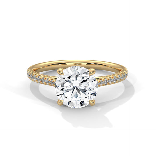 Round Cut Moissanite Engagement Ring with Yellow Gold Pavé Band | Classic Solitaire Ring