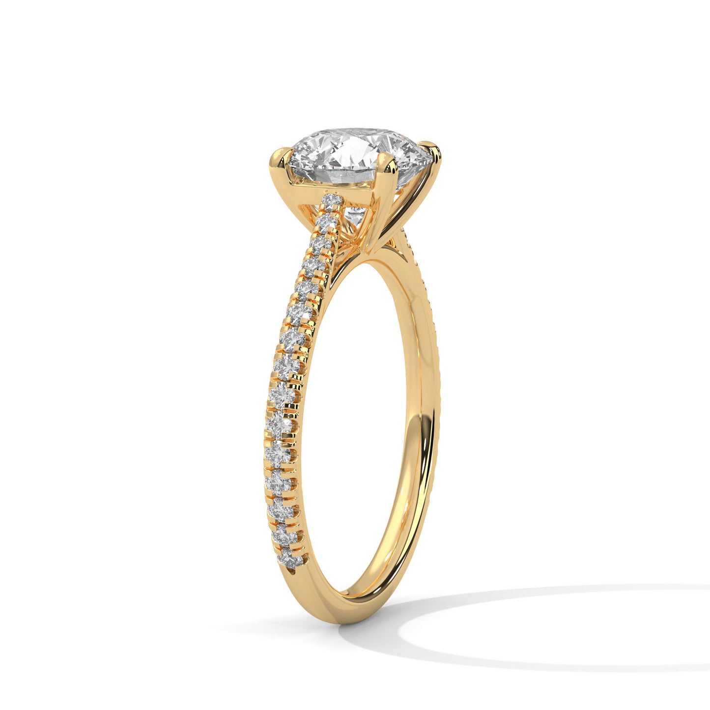 Round Cut Moissanite Engagement Ring with Yellow Gold Pavé Band | Classic Solitaire Ring