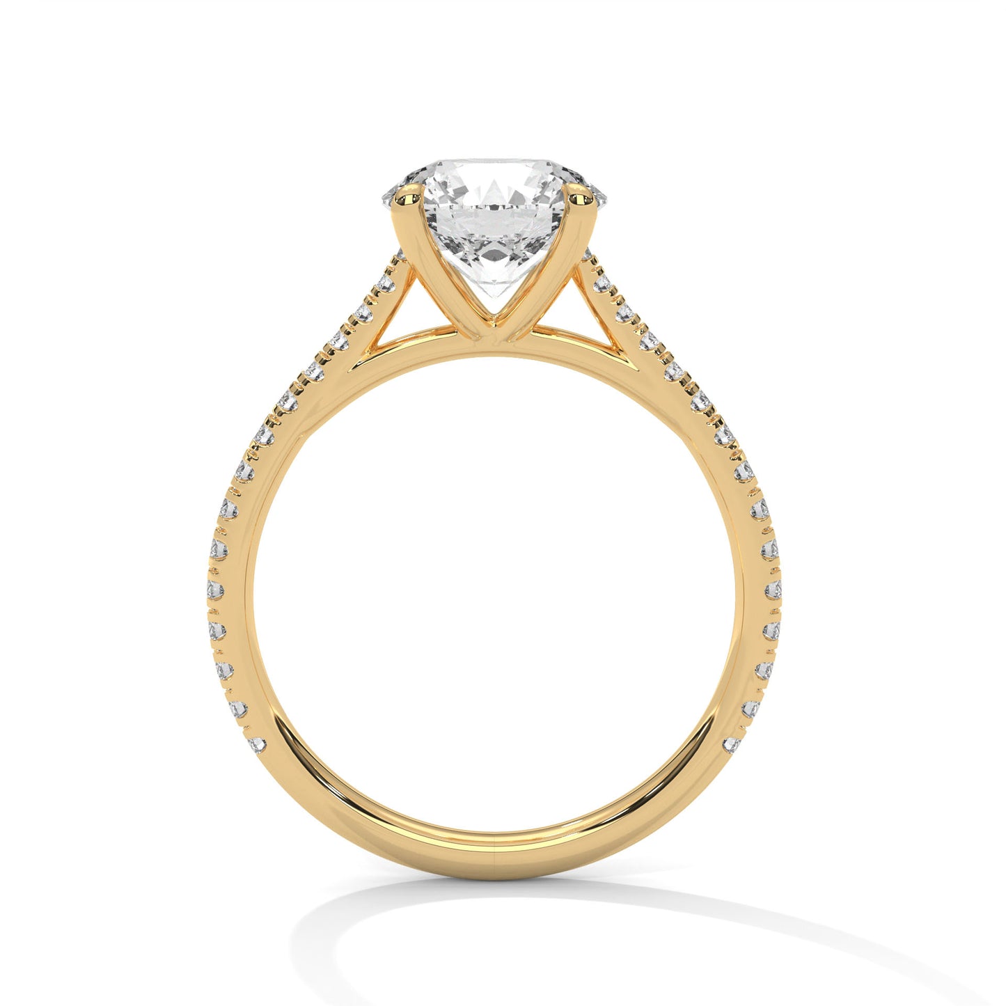 Round Cut Moissanite Engagement Ring with Yellow Gold Pavé Band | Classic Solitaire Ring