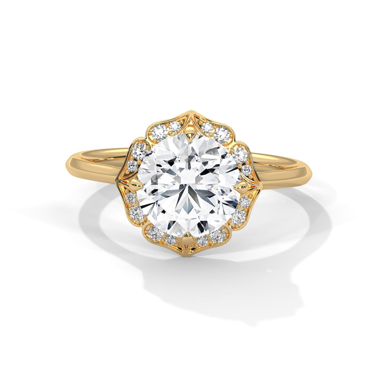 Vintage Floral Halo Moissanite Engagement Ring in Yellow Gold – Round Cut Diamond Alternative