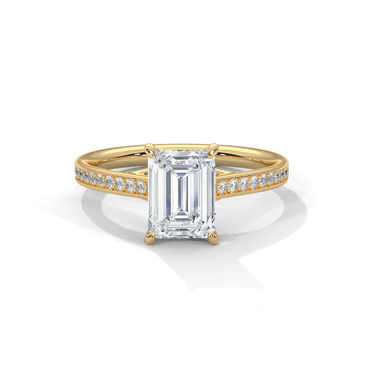 Emerald Cut Moissanite Engagement Ring with Pave Band in Yellow Gold