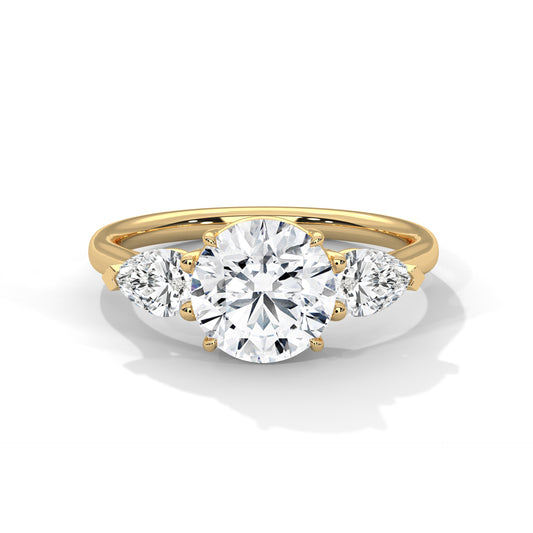 Three Stone Round Cut Moissanite Engagement Ring – 14K Yellow Gold Pear Side Stones Bridal Ring