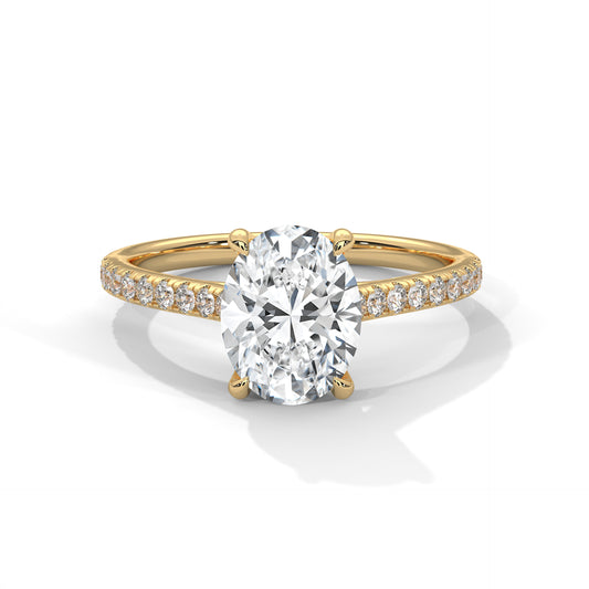 Oval Cut Moissanite Engagement Ring – 14K Yellow Gold Solitaire with Diamond Pave Band