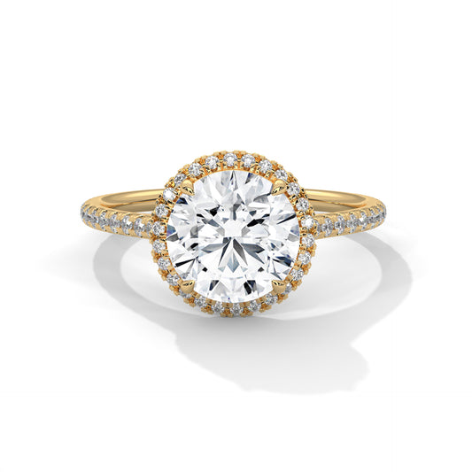 Round Moissanite Halo Engagement Ring in Yellow Gold with Diamond Pave Band