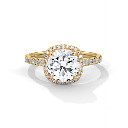 "Cushion Halo Moissanite Engagement Ring – 14K Yellow Gold Round Cut, Pavé Band Bridal Jewelry"