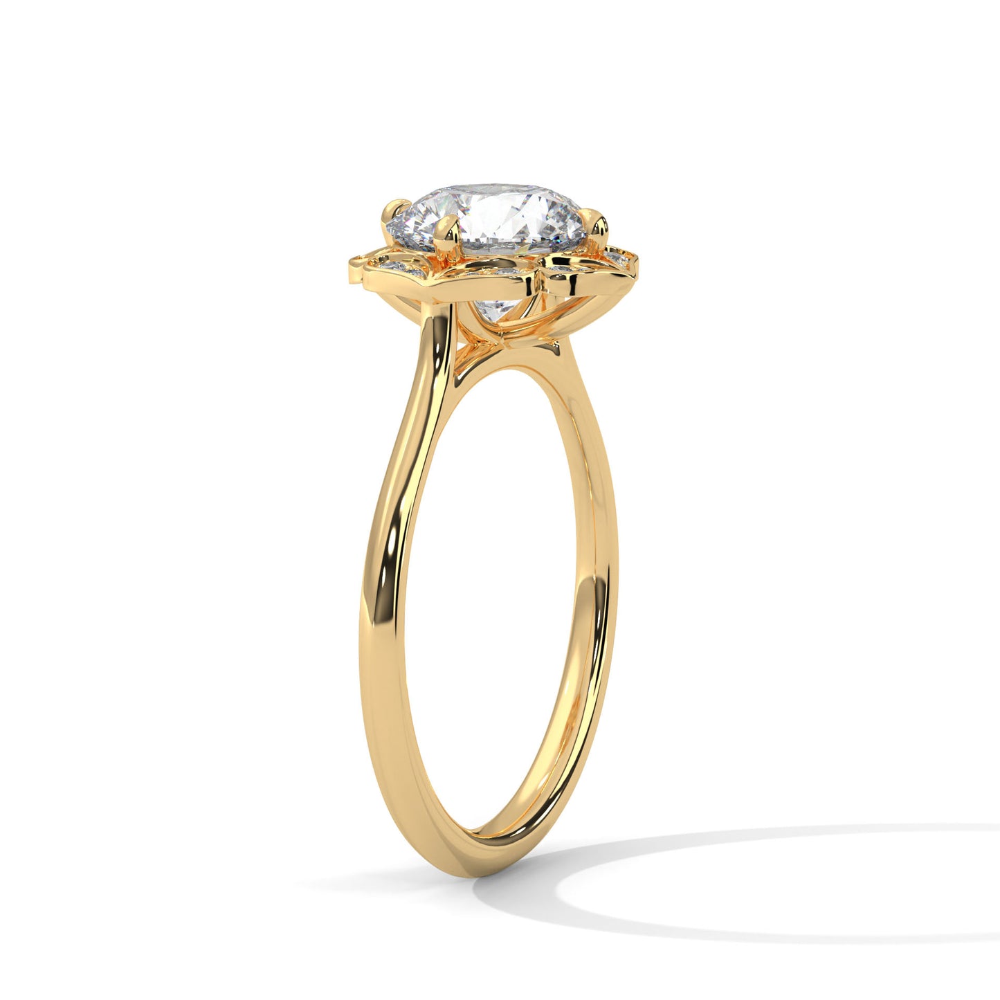 Vintage Floral Halo Moissanite Engagement Ring in Yellow Gold – Round Cut Diamond Alternative
