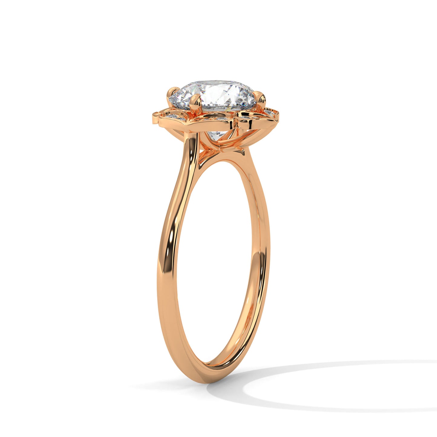Vintage Floral Halo Moissanite Engagement Ring in Yellow Gold – Round Cut Diamond Alternative