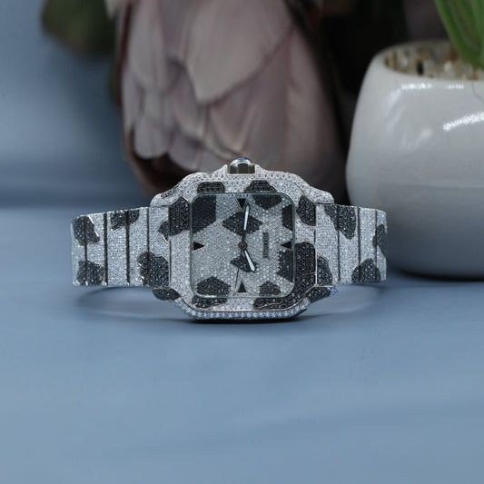 Iced Out Black and White Two-Tone Cartier Moissanite Diamond Watch | Luxury Moissanite Timepiece