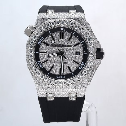 Luxury Black Rubber Strap Watch – Iced Out VVS Moissanite Diamond Automatic Mechanical Outdoor Timepiece for Men