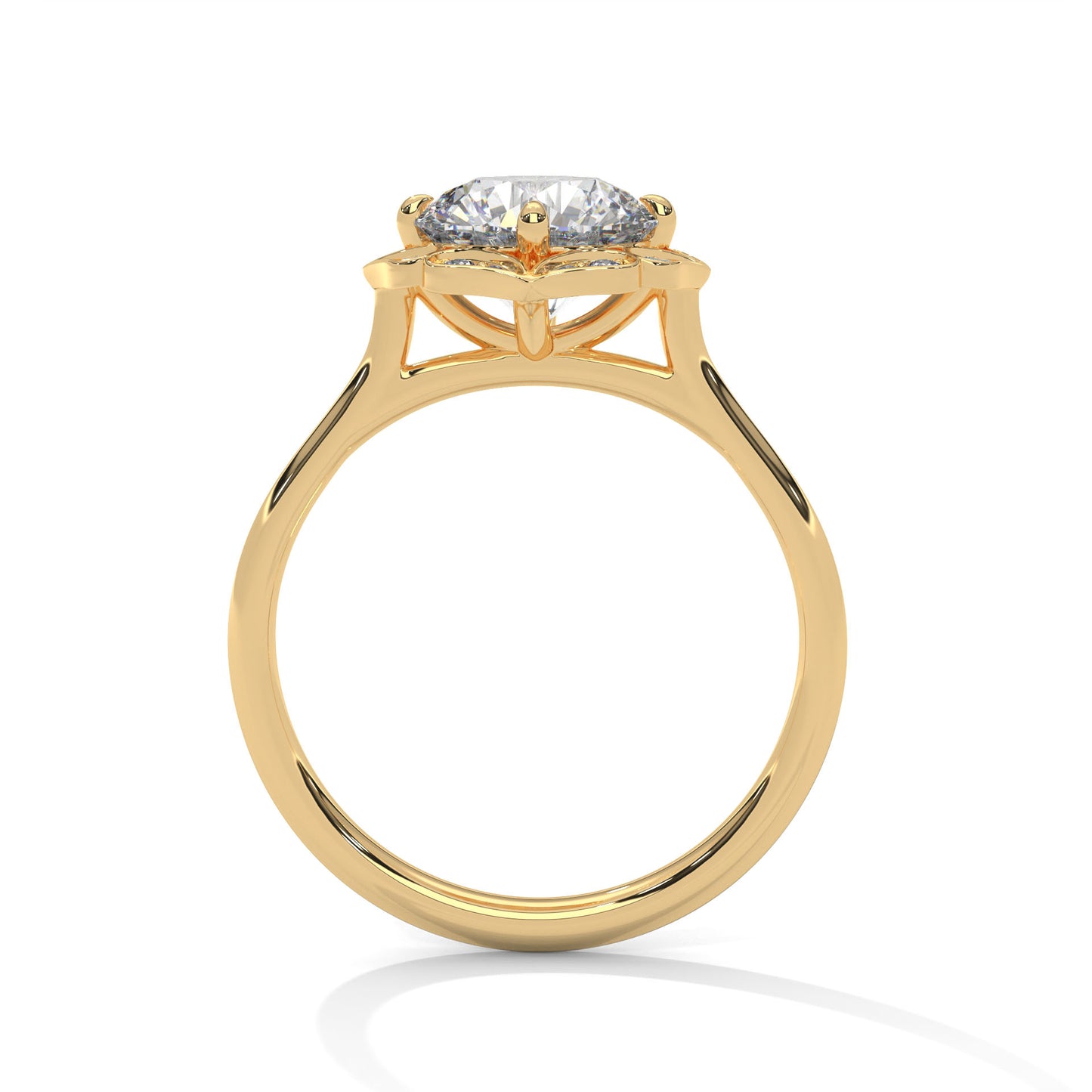 Vintage Floral Halo Moissanite Engagement Ring in Yellow Gold – Round Cut Diamond Alternative