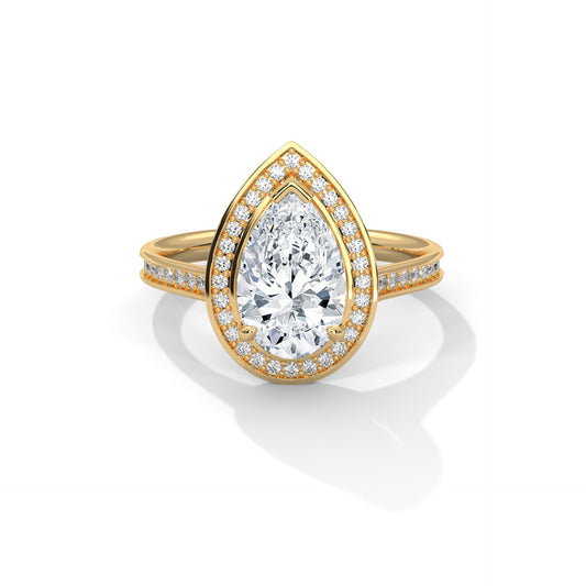 Pear Cut Halo Moissanite Engagement Ring – 14K Yellow Gold Teardrop Diamond Ring