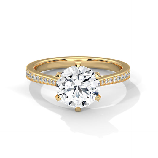 Round Cut Moissanite Solitaire Engagement Ring with Pave Band in 14K Yellow Gold