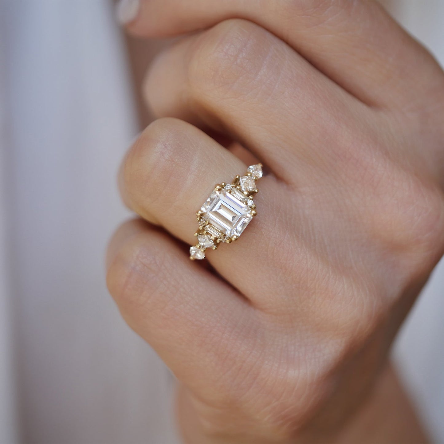 Engagement Ring |  2.50 Ct Emerald Cut Moissanite Ring with Baguette & Round Diamonds