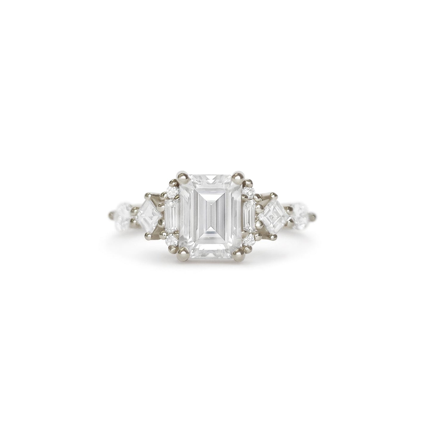 Engagement Ring |  2.50 Ct Emerald Cut Moissanite Ring with Baguette & Round Diamonds