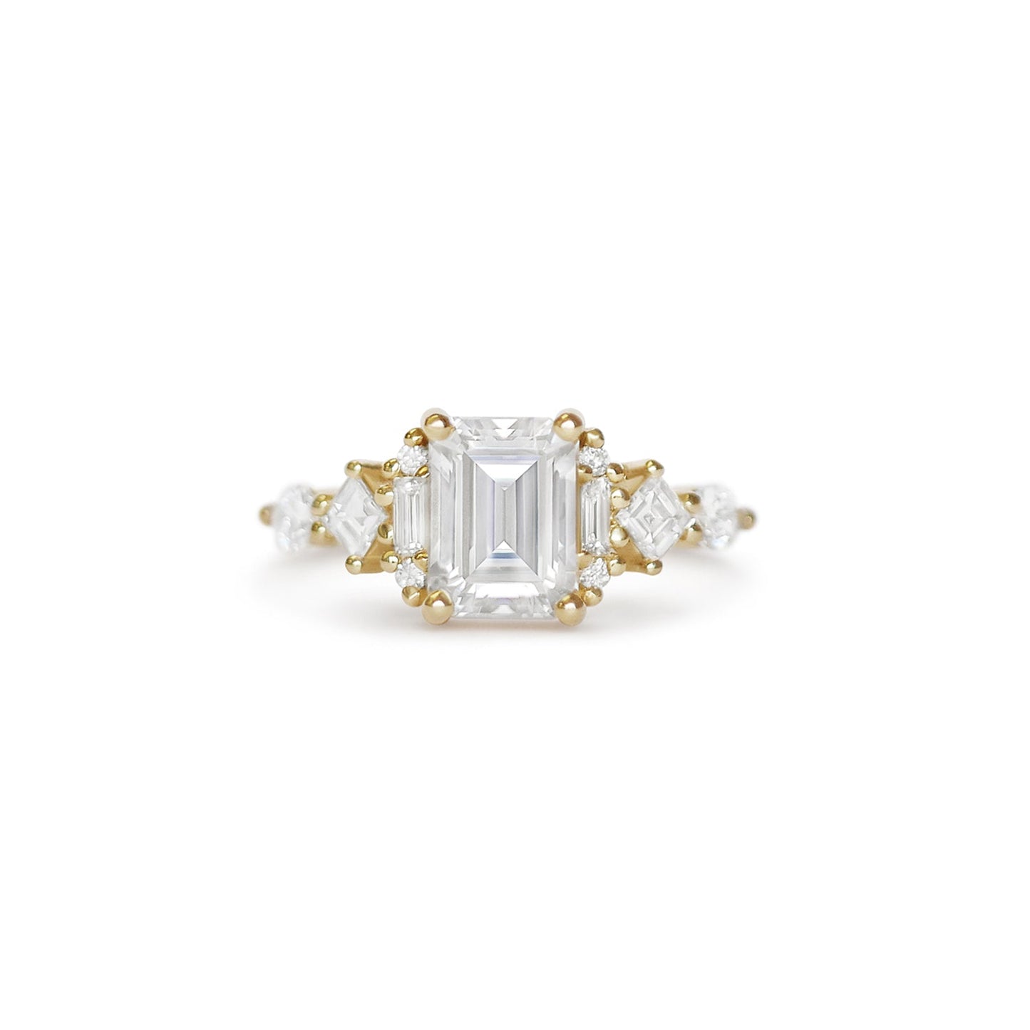 Engagement Ring |  2.50 Ct Emerald Cut Moissanite Ring with Baguette & Round Diamonds