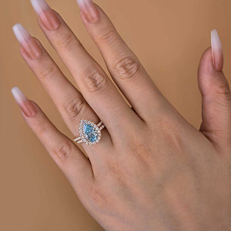 3.0 Ct Pear Cut Cyan Blue Bridal Ring Set | Sterling Silver & 18K Gold Engagement Ring