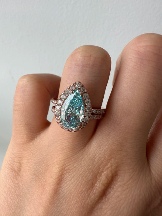 3.0 Ct Pear Cut Cyan Blue Bridal Ring Set | Sterling Silver & 18K Gold Engagement Ring