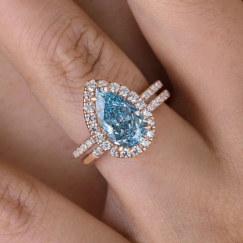 3.0 Ct Pear Cut Cyan Blue Bridal Ring Set | Sterling Silver & 18K Gold Engagement Ring