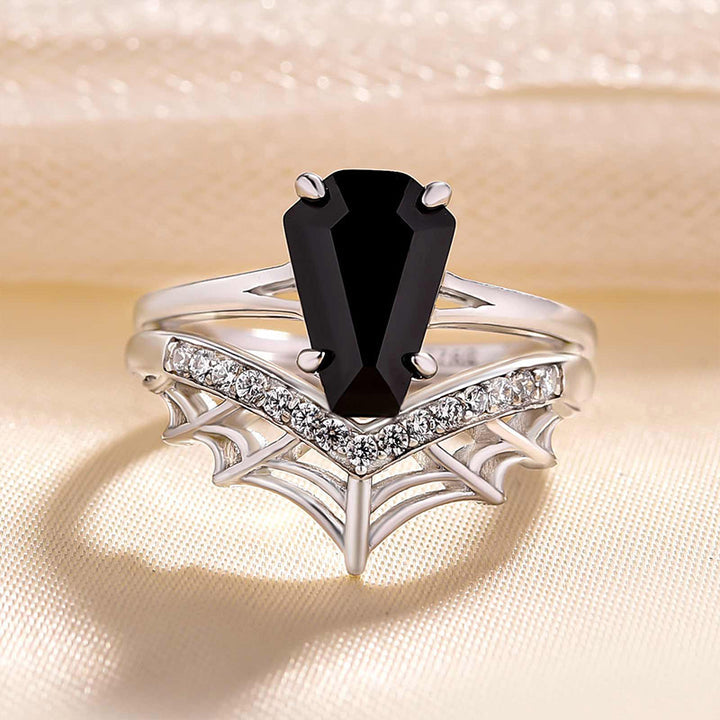 3.0 Ct Black Coffin Cut Onyx Bridal Ring Set | Spyder Web Pave Set in Solid Gold & Sterling Silver