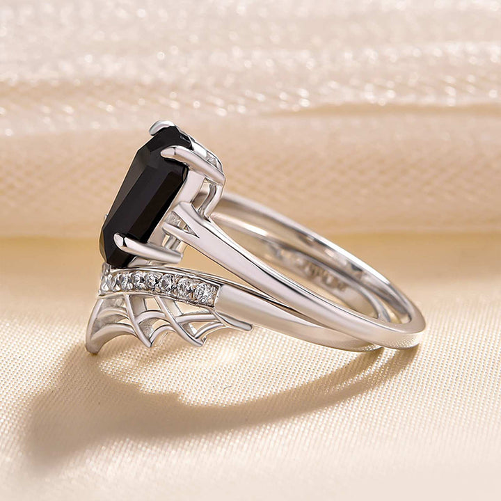 3.0 Ct Black Coffin Cut Onyx Bridal Ring Set | Spyder Web Pave Set in Solid Gold & Sterling Silver