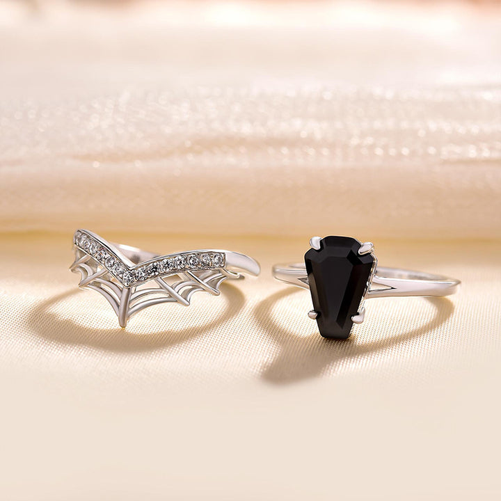 3.0 Ct Black Coffin Cut Onyx Bridal Ring Set | Spyder Web Pave Set in Solid Gold & Sterling Silver