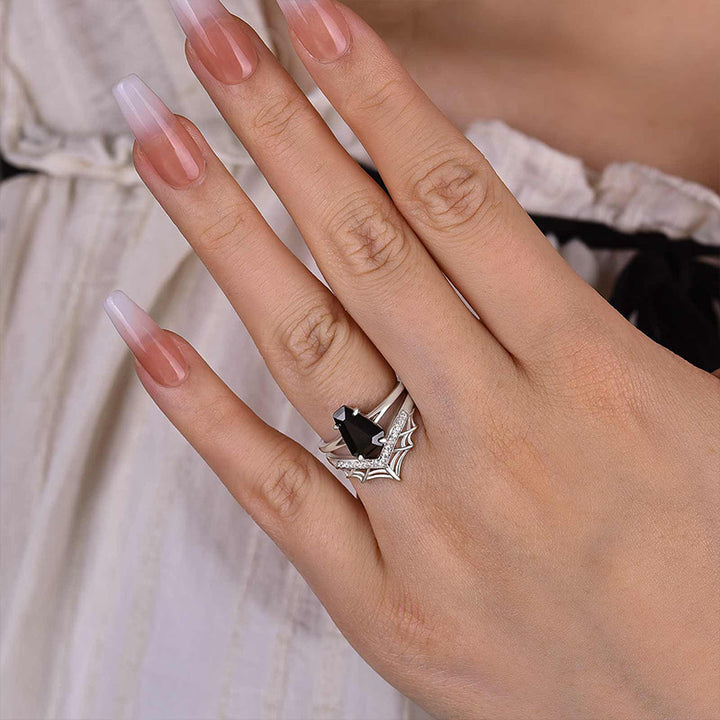 3.0 Ct Black Coffin Cut Onyx Bridal Ring Set | Spyder Web Pave Set in Solid Gold & Sterling Silver