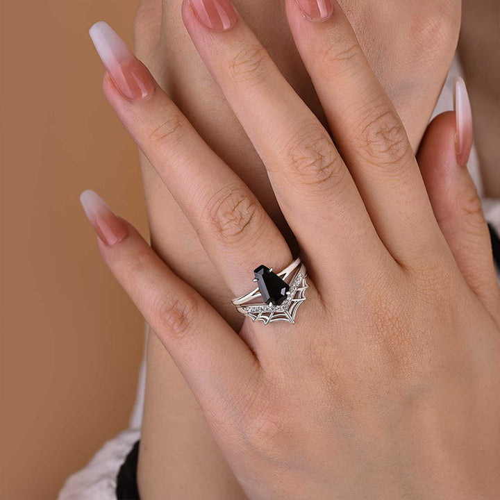 3.0 Ct Black Coffin Cut Onyx Bridal Ring Set | Spyder Web Pave Set in Solid Gold & Sterling Silver