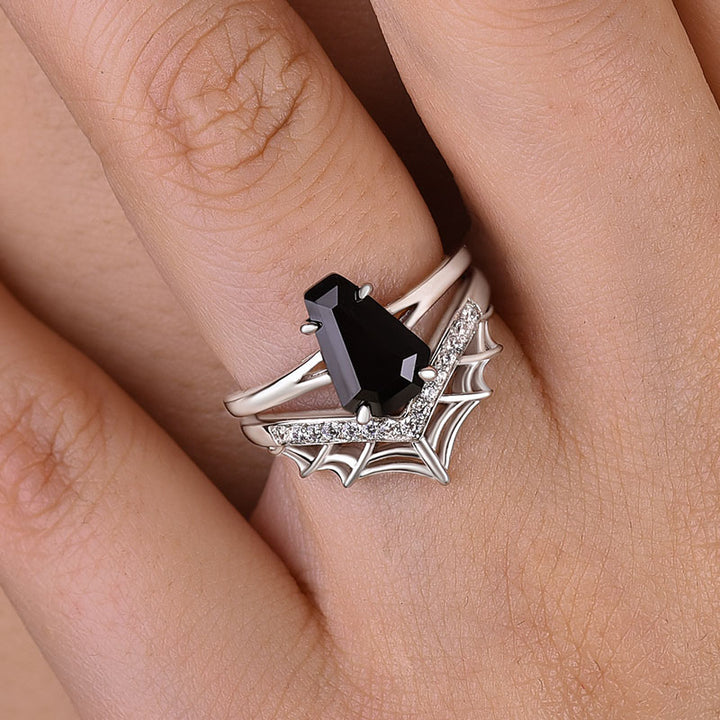 3.0 Ct Black Coffin Cut Onyx Bridal Ring Set | Spyder Web Pave Set in Solid Gold & Sterling Silver