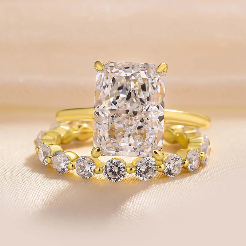 3.50 Ct Radiant Cut Solitaire Wedding Ring Set | Halo & Pave Setting in Solid Gold and Silver