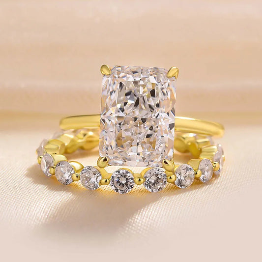 3.50 Ct Radiant Cut Solitaire Wedding Ring Set | Halo & Pave Setting in Solid Gold and Silver