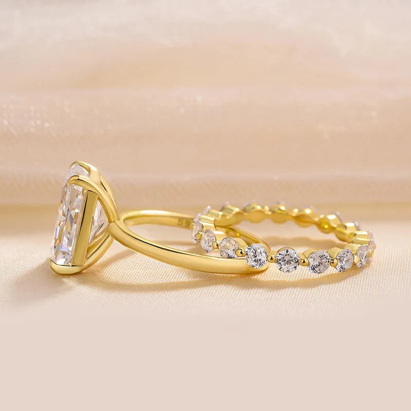 3.50 Ct Radiant Cut Solitaire Wedding Ring Set | Halo & Pave Setting in Solid Gold and Silver