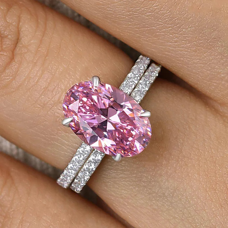 3.0 Ct Oval Cut Light Pink Diamond Ring Set | 10K Gold & 925 Silver Women's Halo Ring