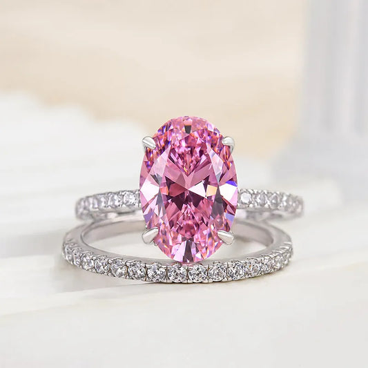 3.0 Ct Oval Cut Light Pink Diamond Ring Set | 10K Gold & 925 Silver Women's Halo Ring