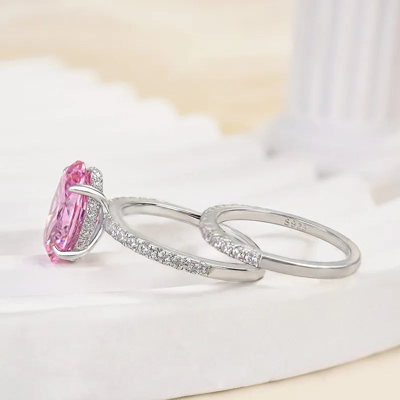 3.0 Ct Oval Cut Light Pink Diamond Ring Set | 10K Gold & 925 Silver Women's Halo Ring