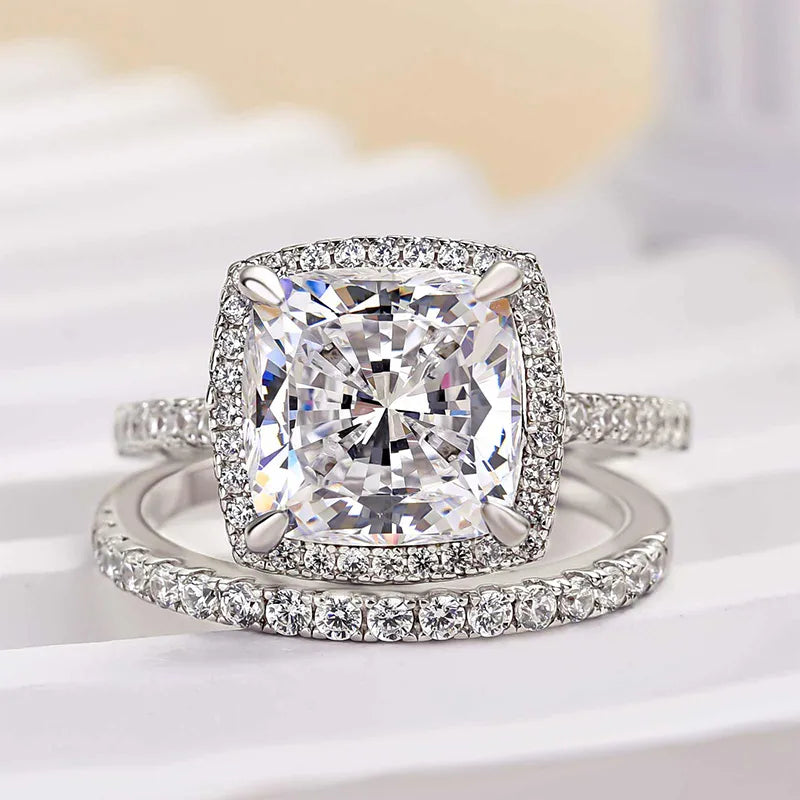 3.50 Ct Cushion Cut Bridal Ring Set for Women | Halo, Prong & Pave Setting in Gold and Silver