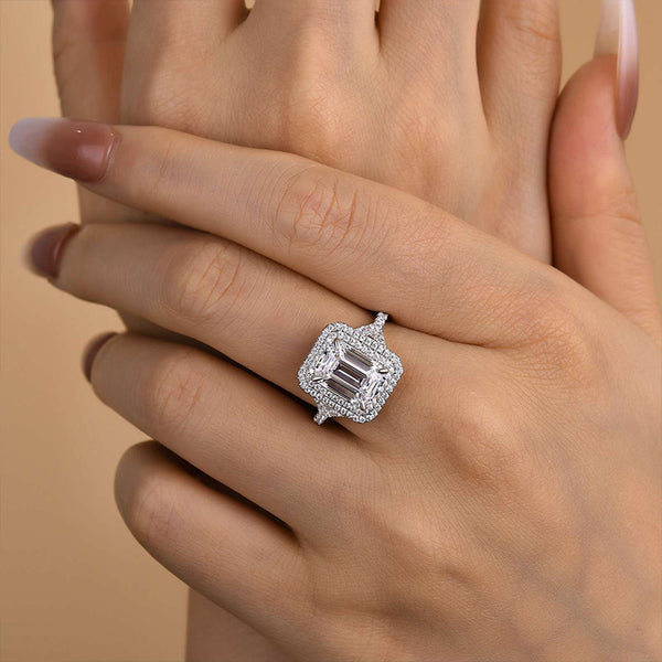 3.0 Ct Emerald Cut Halo Engagement Ring | Solitaire & Pave Set in Solid Gold & Sterling Silver