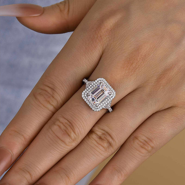 3.0 Ct Emerald Cut Halo Engagement Ring | Solitaire & Pave Set in Solid Gold & Sterling Silver