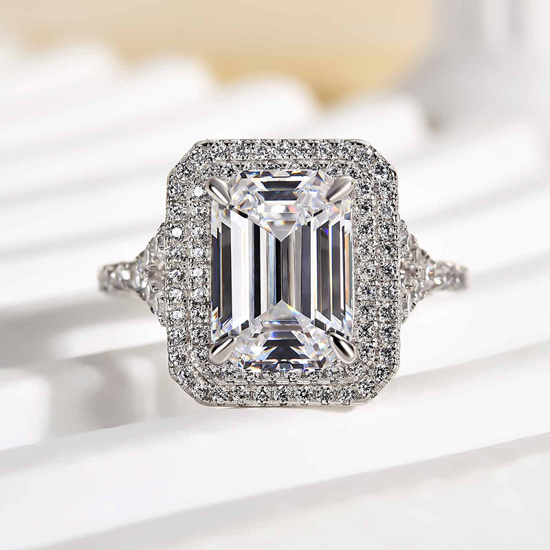 3.0 Ct Emerald Cut Halo Engagement Ring | Solitaire & Pave Set in Solid Gold & Sterling Silver