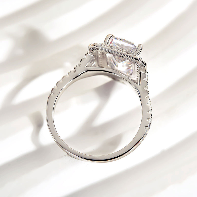 3.0 Ct Emerald Cut Halo Engagement Ring | Solitaire & Pave Set in Solid Gold & Sterling Silver