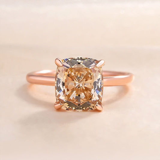 3.50 Ct Cushion Cut Champagne Solitaire Ring for Women | Halo & Prong Setting | Rose Gold and Silver