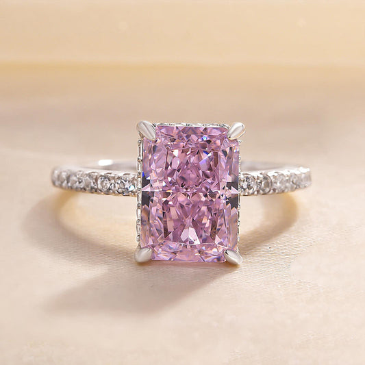 3.50 Ct Radiant Cut Light Pink Halo Ring in 14K Gold & 925 Silver | Pave Set Solid Gold Ring