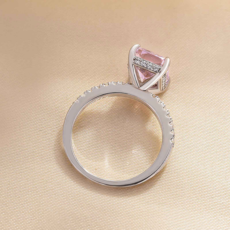 3.50 Ct Radiant Cut Light Pink Halo Ring in 14K Gold & 925 Silver | Pave Set Solid Gold Ring