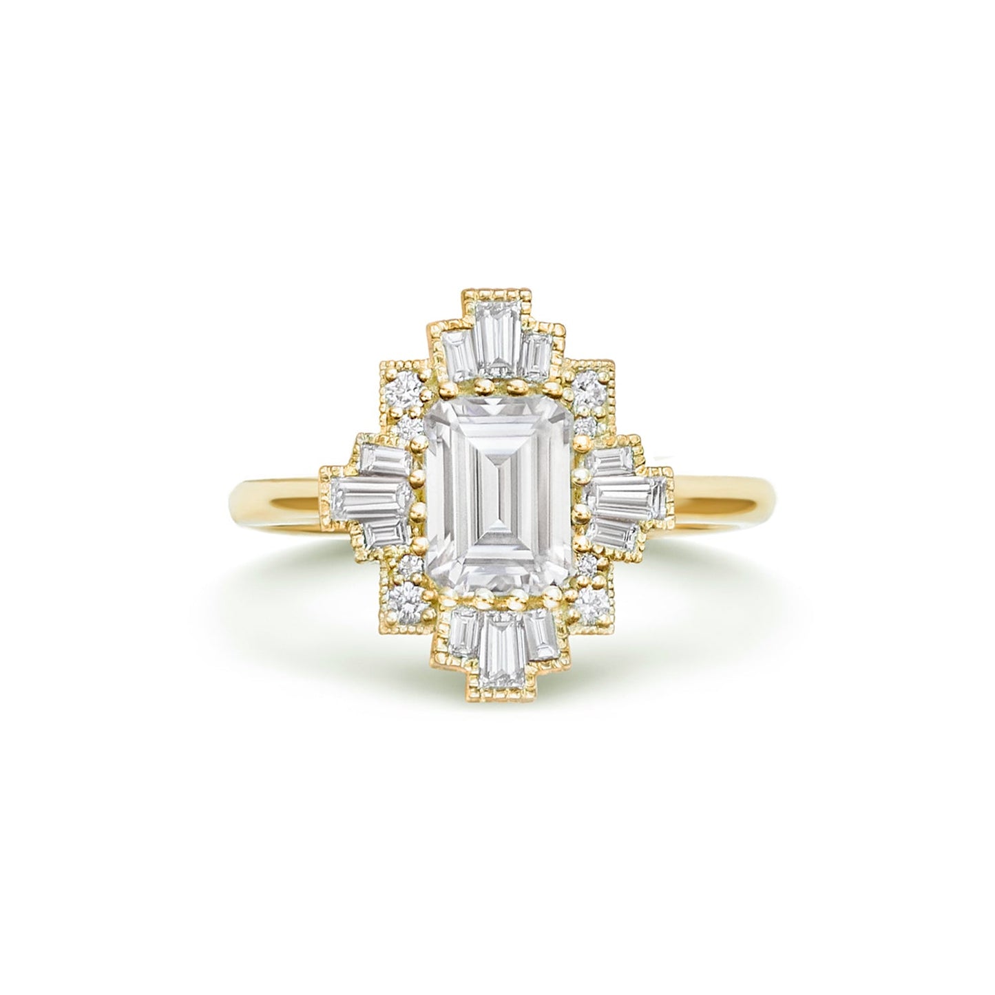 2.0 Ct Emerald Cut Mosaic Art Deco Ring for Women | Taper Baguette & Round Side Stones | 925 Silver & Solid Gold Solitaire