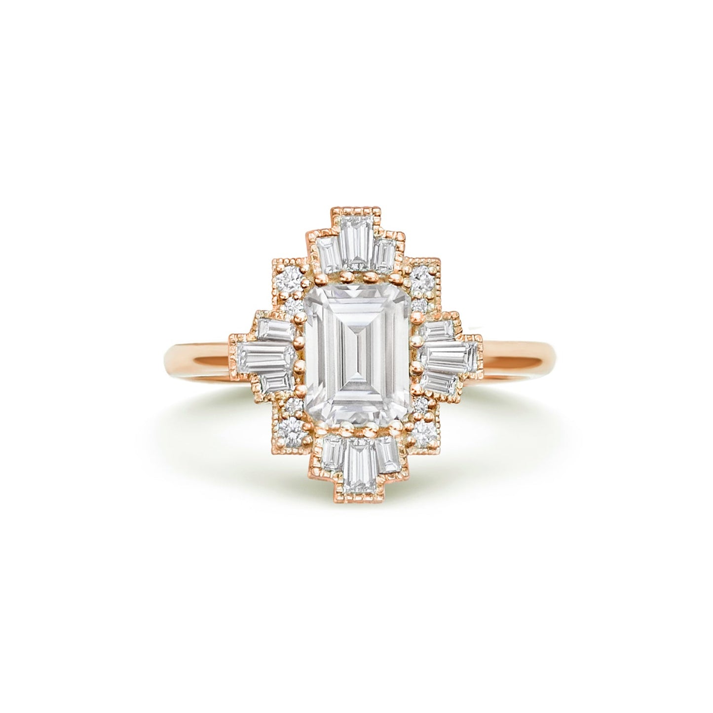 2.0 Ct Emerald Cut Mosaic Art Deco Ring for Women | Taper Baguette & Round Side Stones | 925 Silver & Solid Gold Solitaire