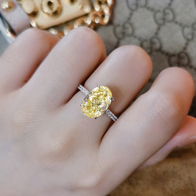 Oval Cut 3.0 Ct Solitaire Halo Ring | Light Yellow Simulated Stone | Solid Gold & Silver